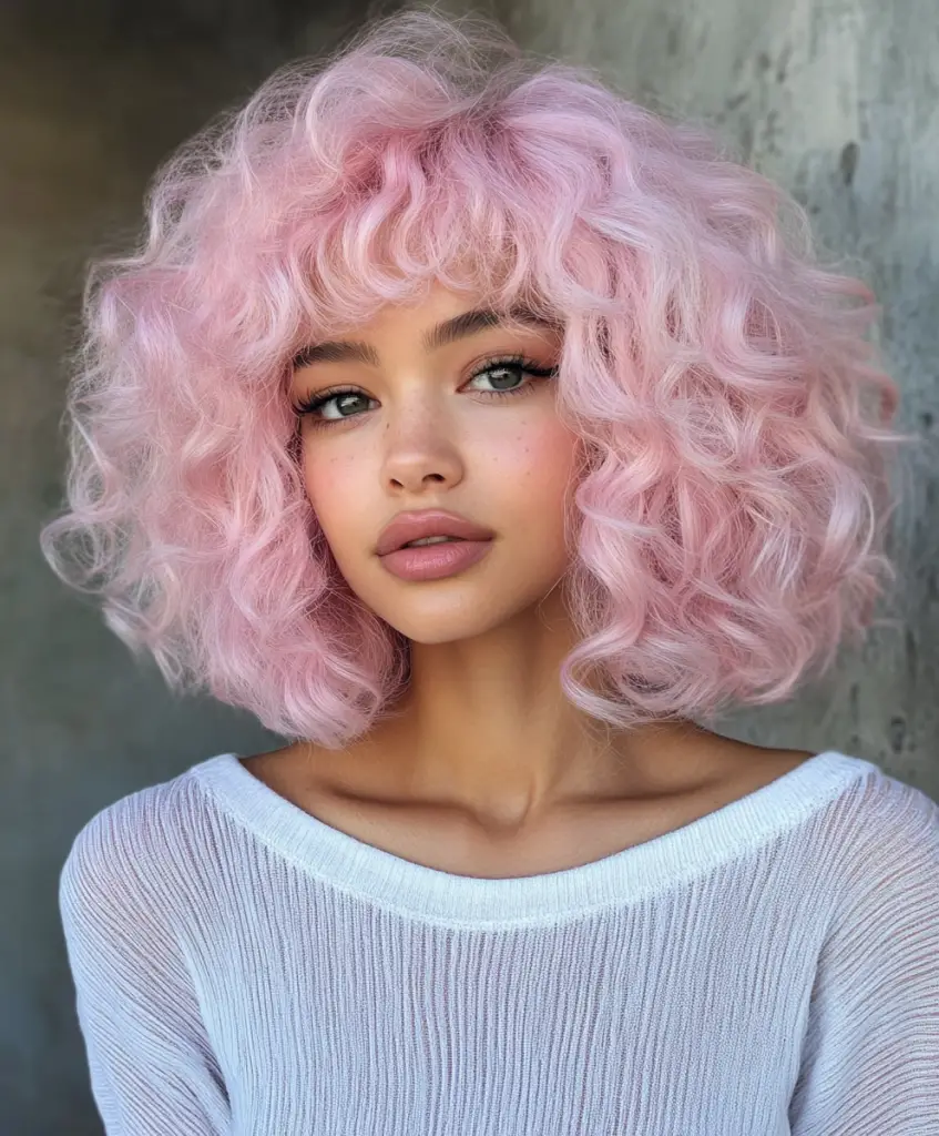 Pastel pink on curly hair 