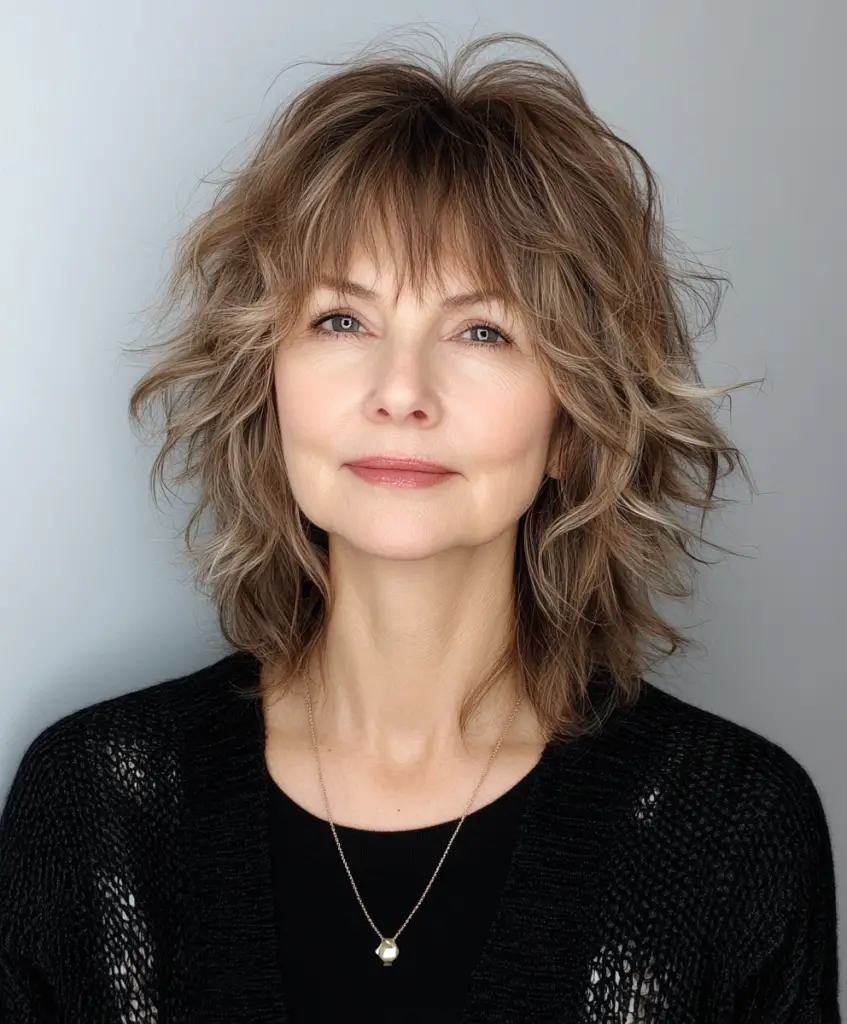 Older woman with a shaggy cut and bangs