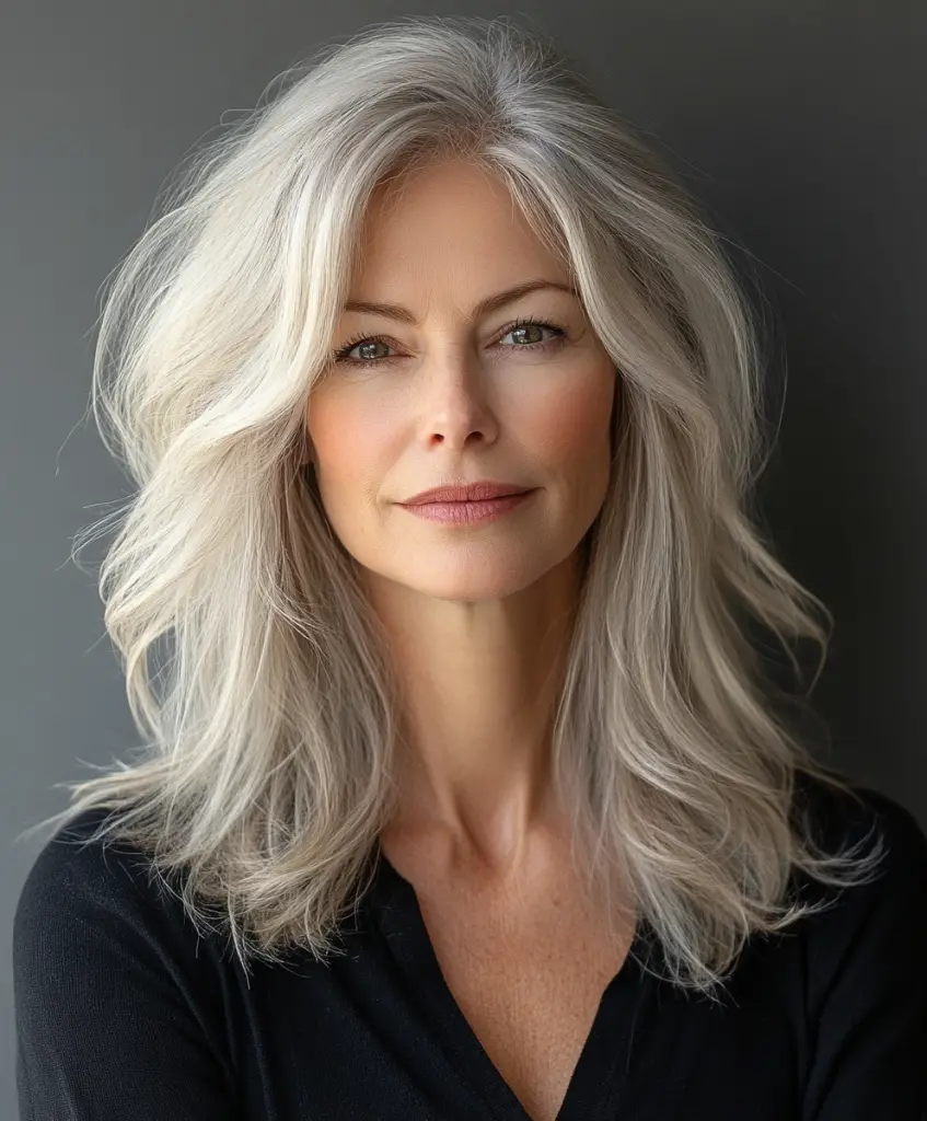 Woman over 50 with a layered shoulder-length haircut