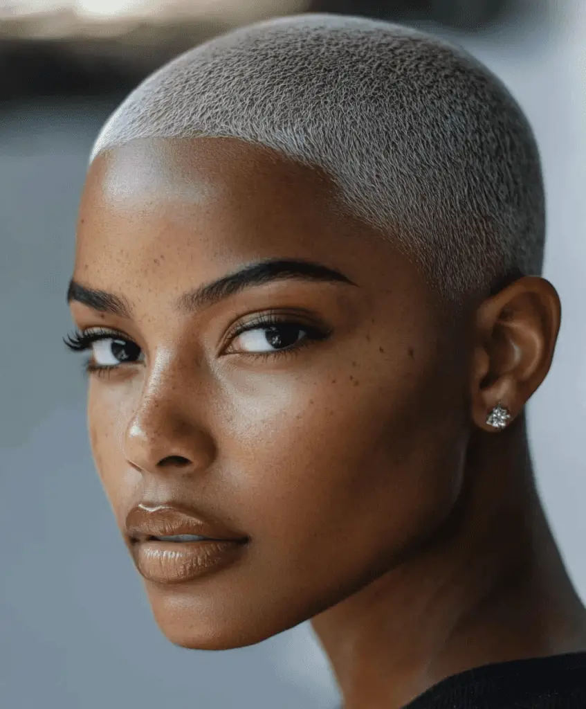 A front view of a Black woman with a very short buzz cut