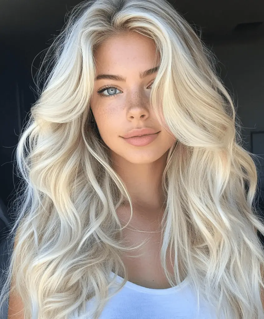 Wavy platinum blonde long hair style