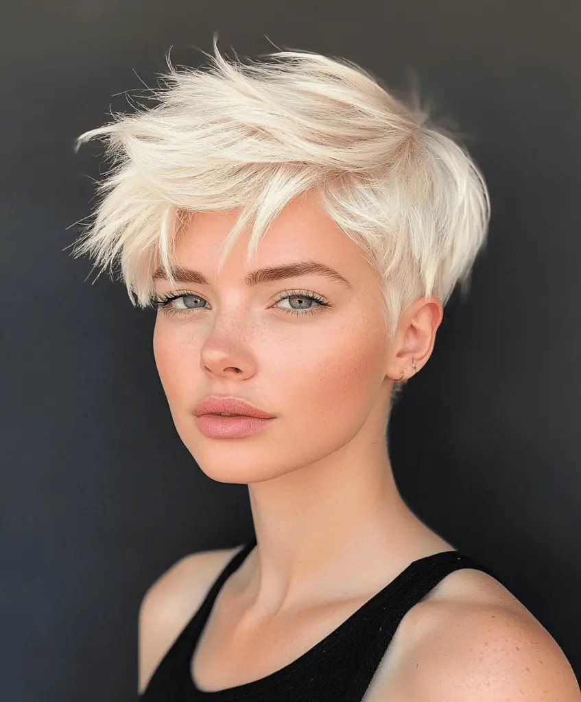 Platinum blonde pixie cut with textured top