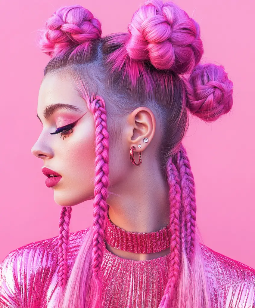 Bubblegum pink braided space buns 