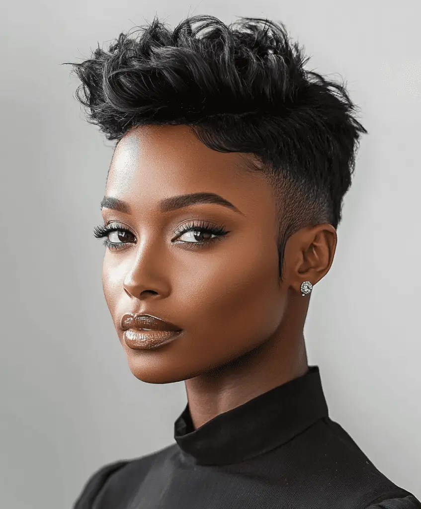 A Black woman with short sides and longer hair on top styled upwards and slightly back