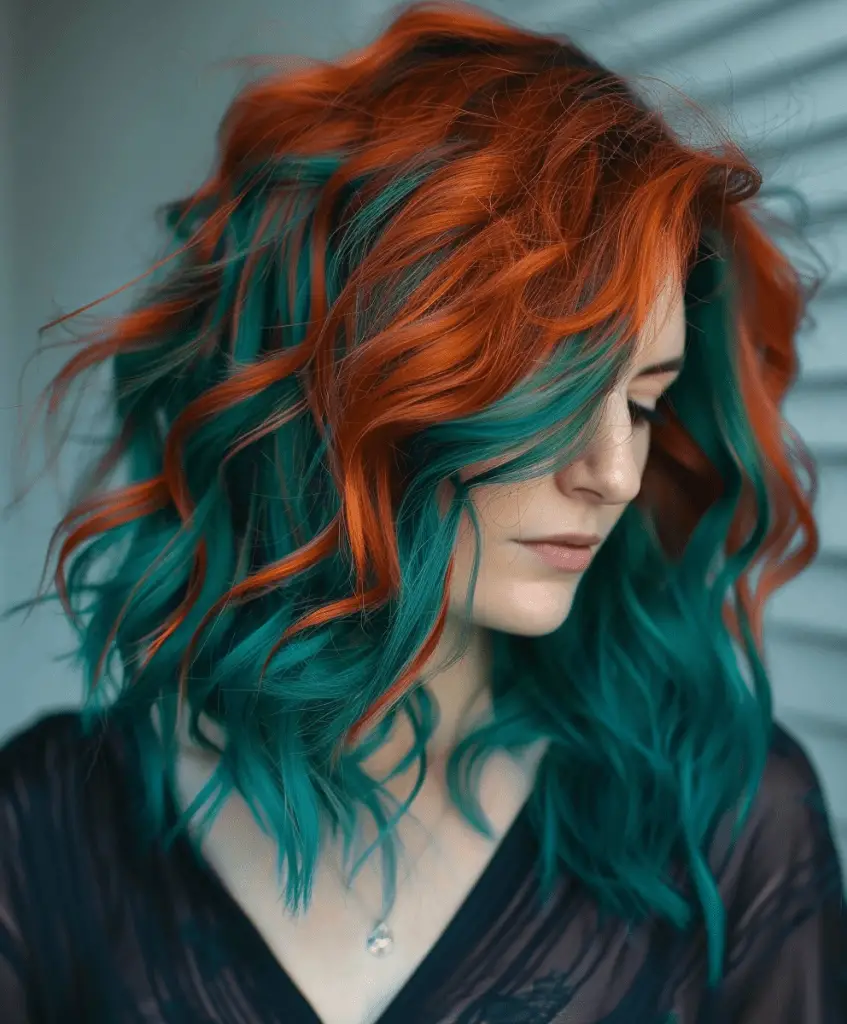 Bold copper hair with vibrant teal highlights