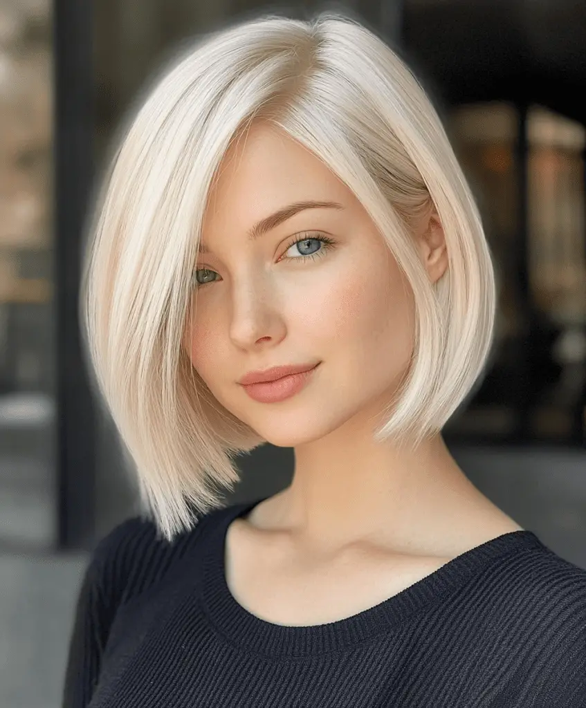 Platinum blonde bob with side part