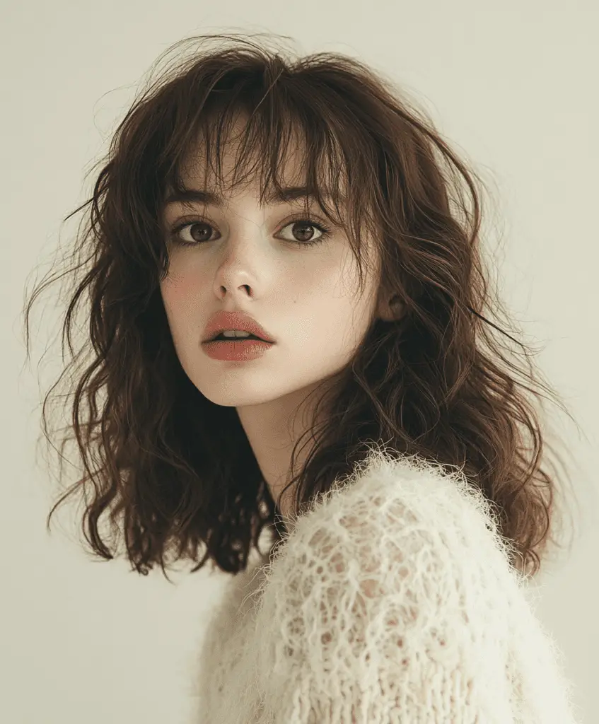 Medium-length wavy hairstyle with blunt bangs