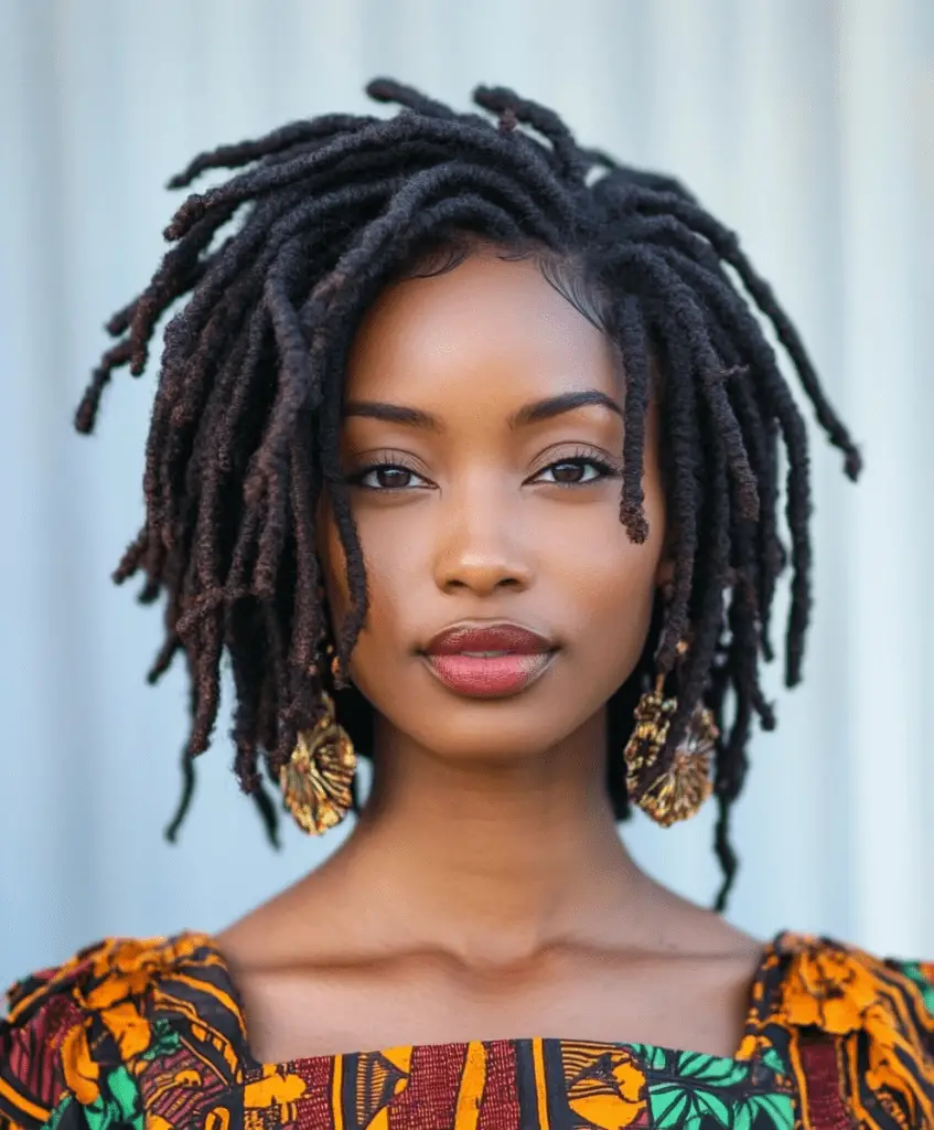 A Black woman with chin-length dreadlocks styled in a bob shape