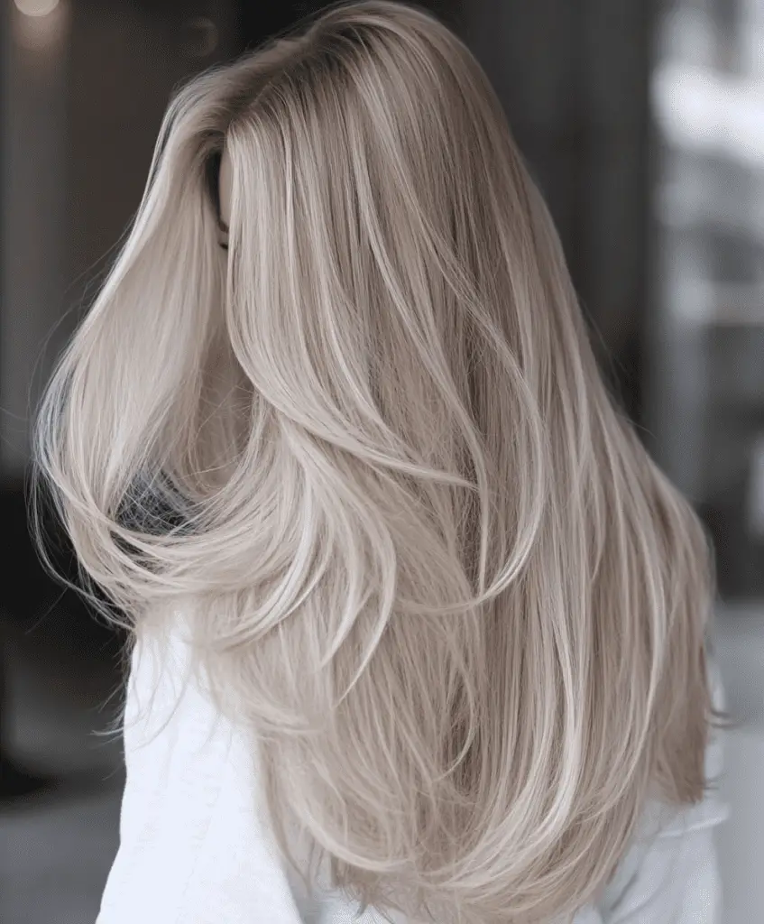 Platinum blonde long hair with balayage highlights