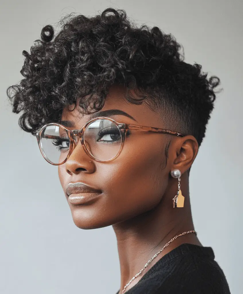 A Black woman with a tapered fade and longer curls falling forward as bangs