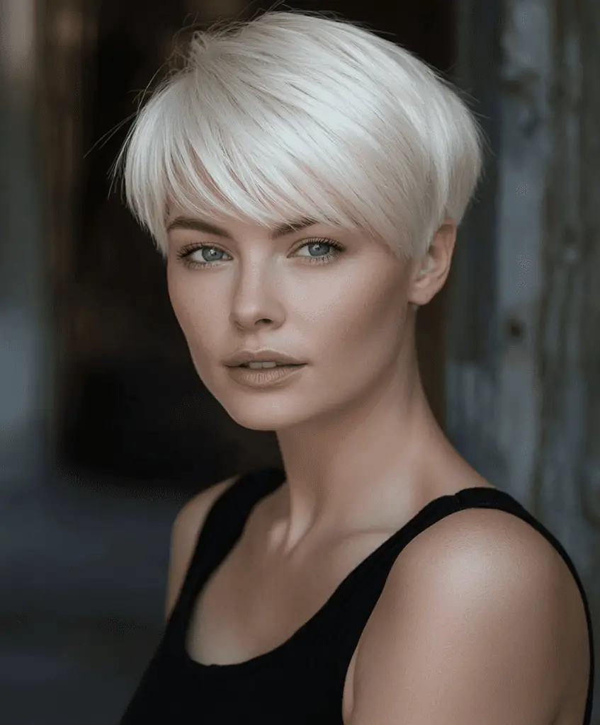 Platinum blonde pixie cut with long bangs