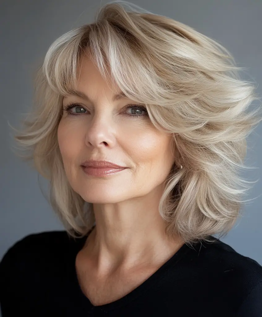 Rounded shag haircut for women in their 60s