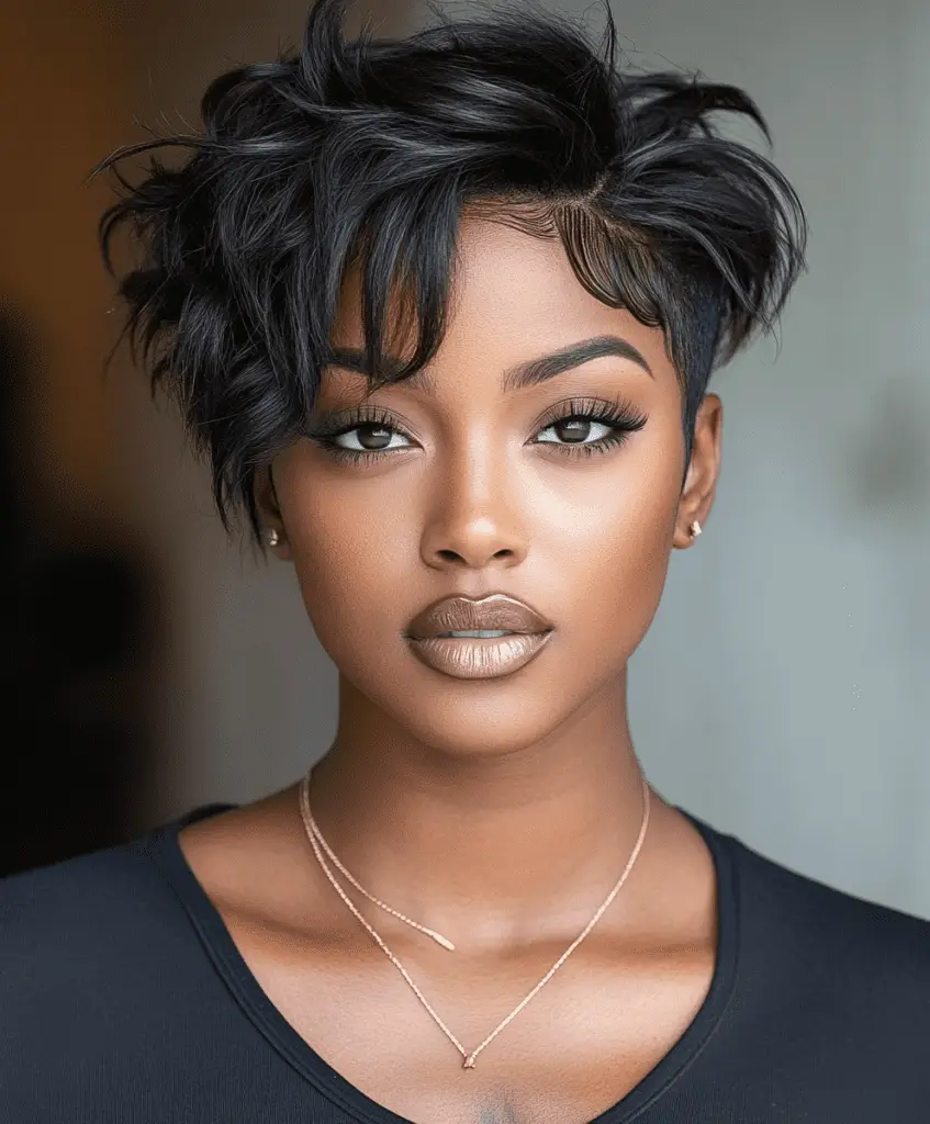 A Black woman with a textured short cut featuring uneven