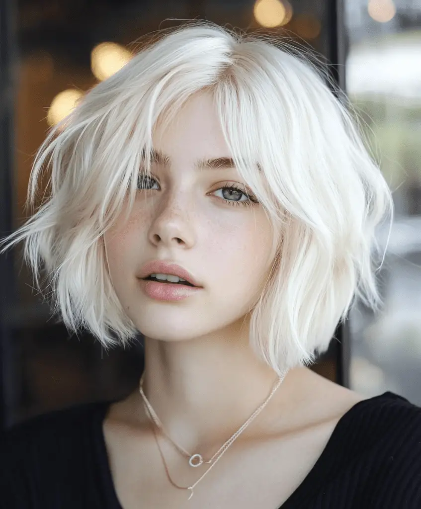 Platinum blonde bob with tousled waves