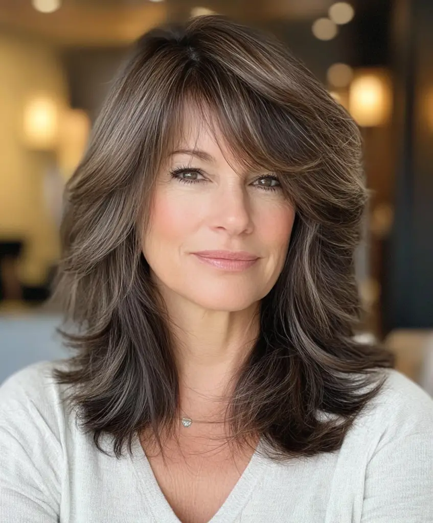 Layered lob with side bangs for older women