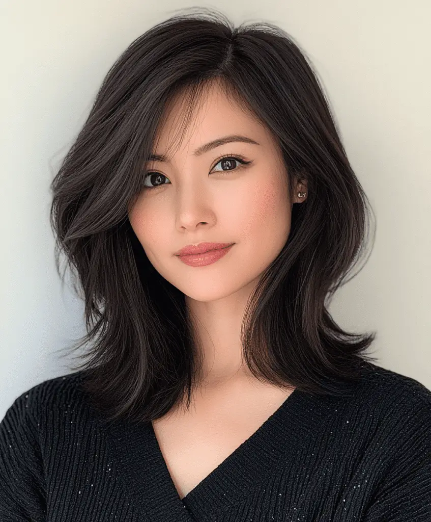 Image of a woman with a deep side part lob haircut