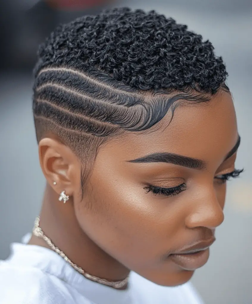 A very short haircut on a Black woman with intricately styled baby hairs