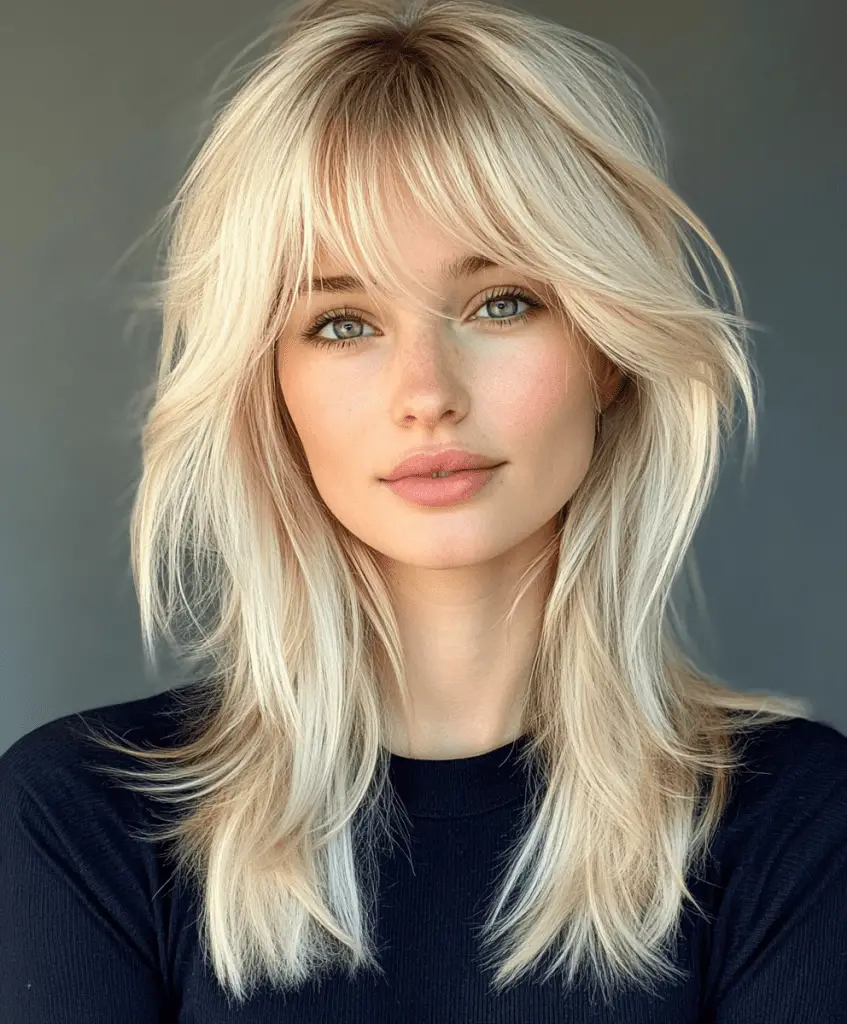 Platinum blonde shag cut with curtain bangs