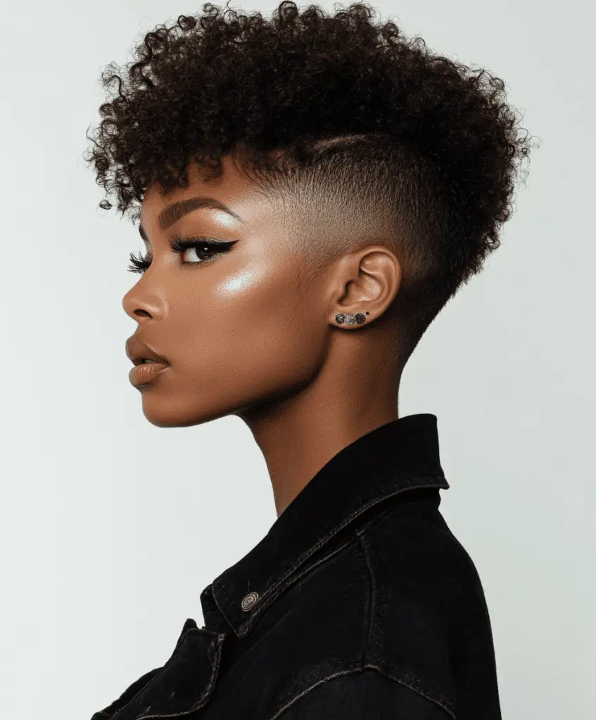 A Black woman with a short afro on top and closely shaved sides for contrast.