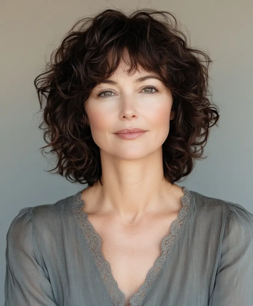 Curly bob with tousled waves for women over 60