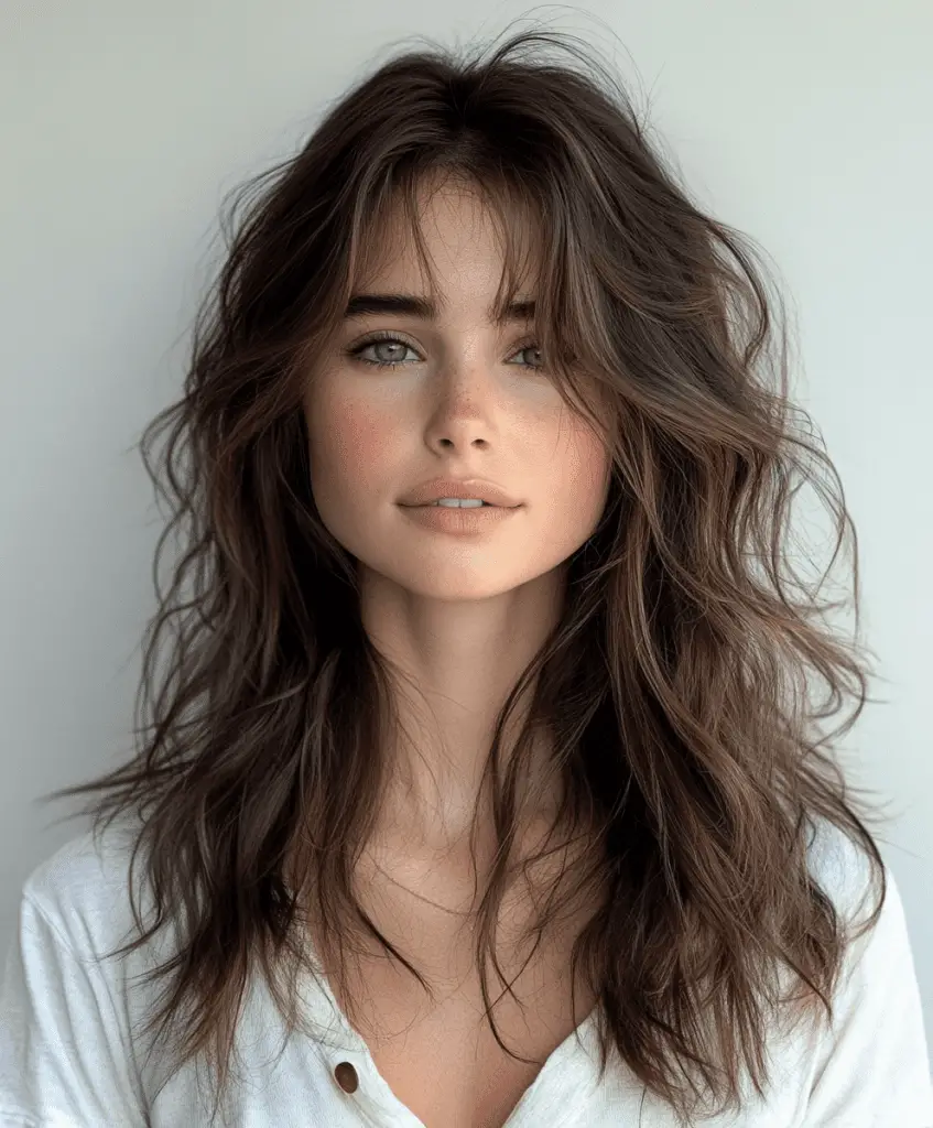 Wavy shag haircut with long bangs