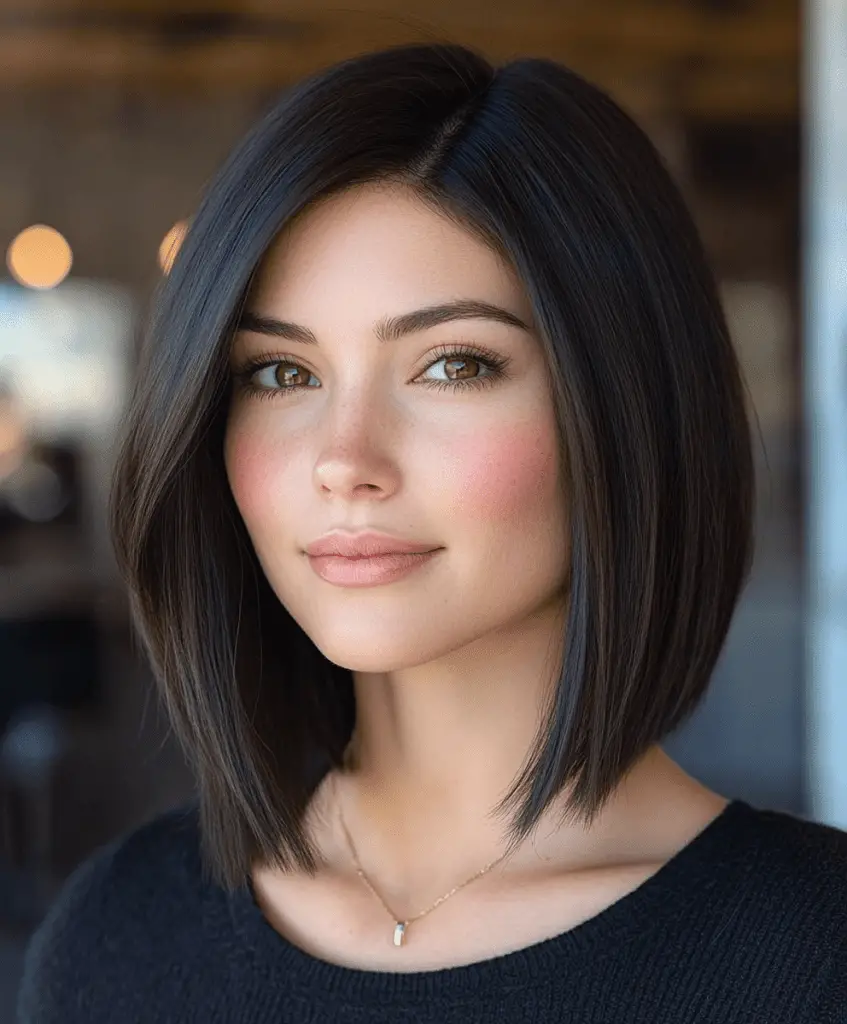 Image of a woman with a pin-straight lob haircut