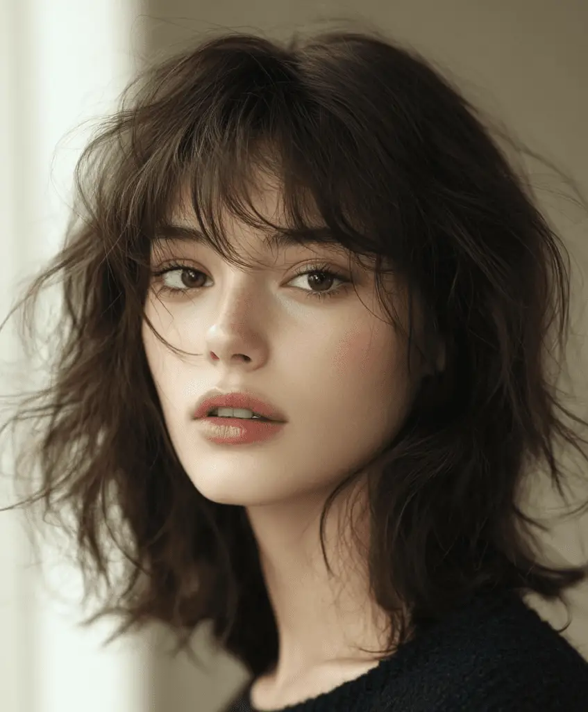 Straight lob hairstyle with side-swept bangs