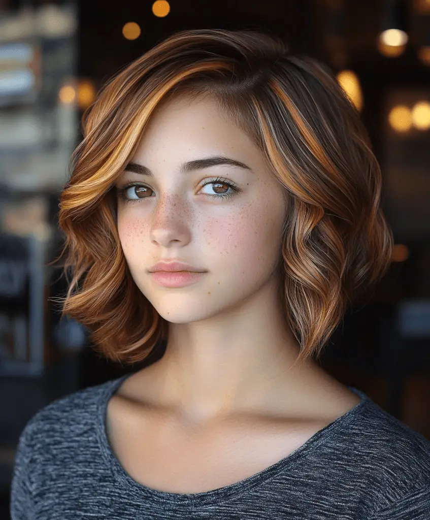 Image of a woman with a caramel highlights lob haircut