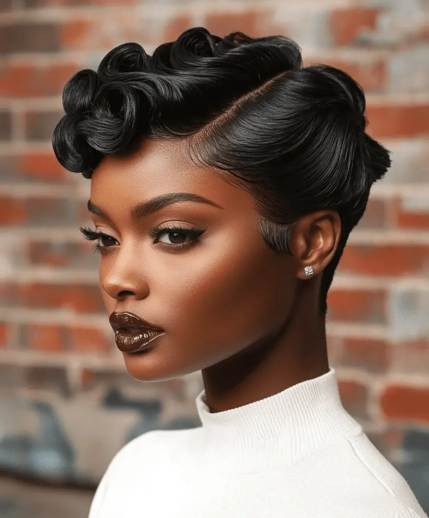 A Black woman with a tapered cut styled with finger waves on the longer top section