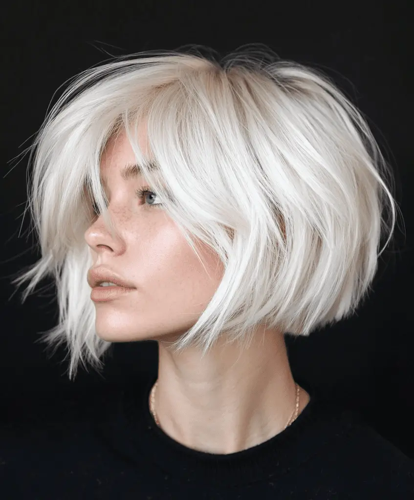 Platinum blonde bob with choppy layers