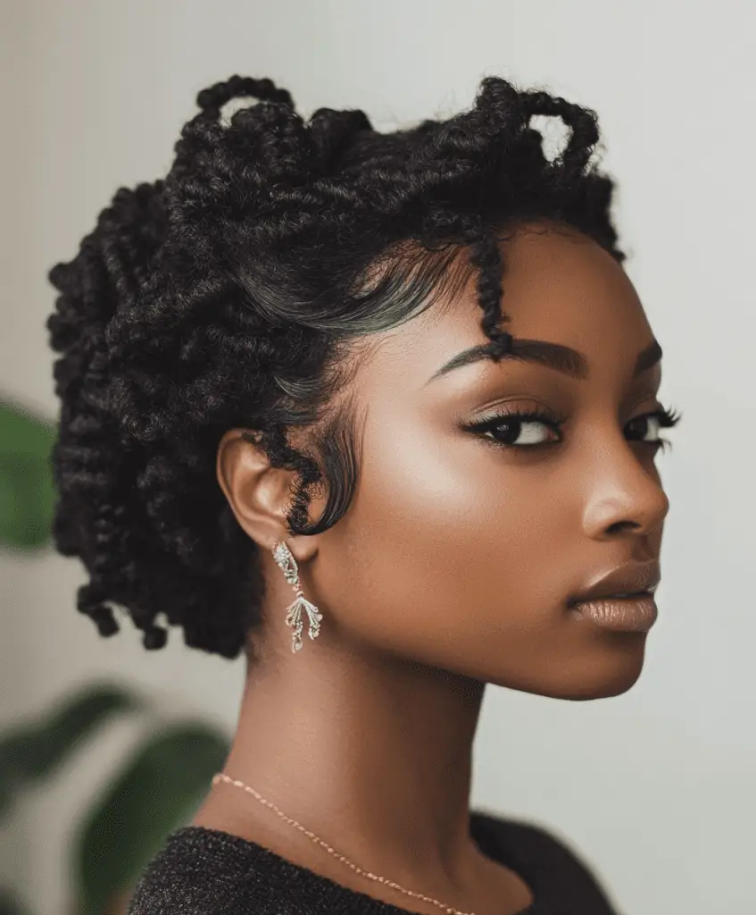 A Black woman with short twists pinned up into a compact