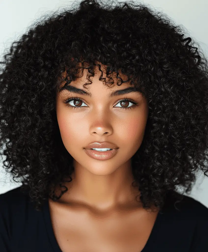 Curly medium-length hairstyle with blunt bangs