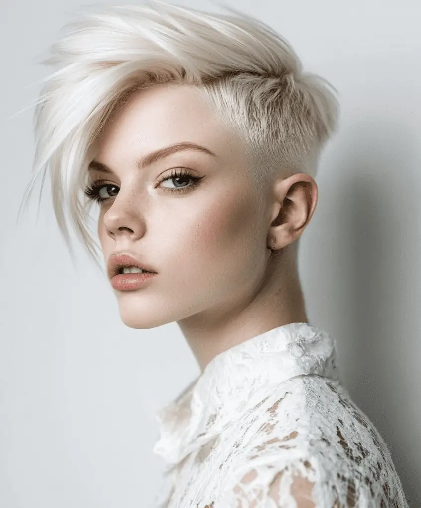 Platinum blonde pixie cut with shaved sides