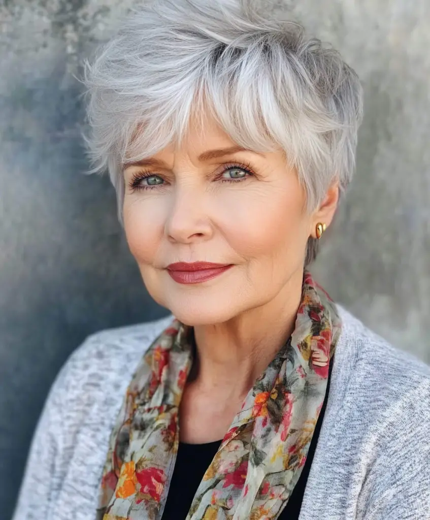 Soft pixie cut with bangs for older women