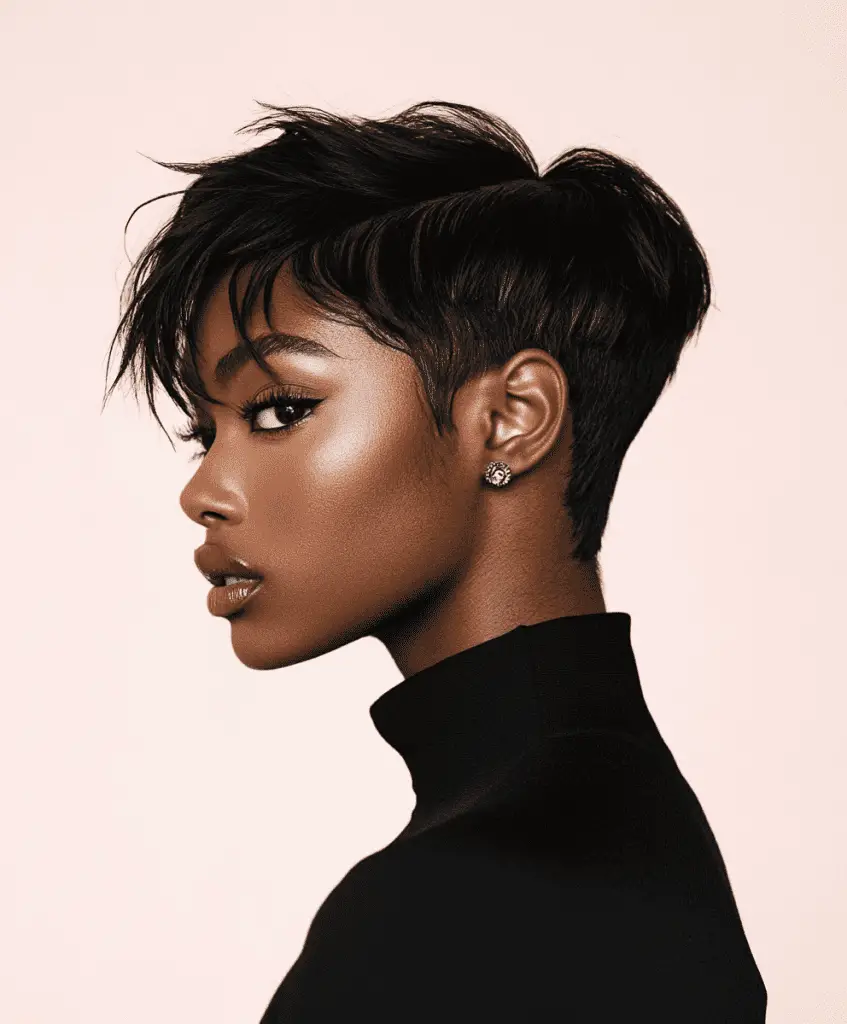 A modern take on a bowl cut on a Black woman