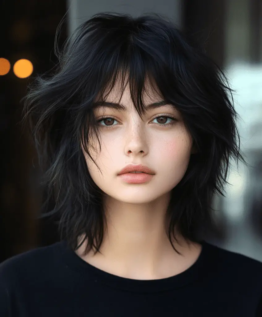 Model with a shaggy bob haircut and choppy bangs