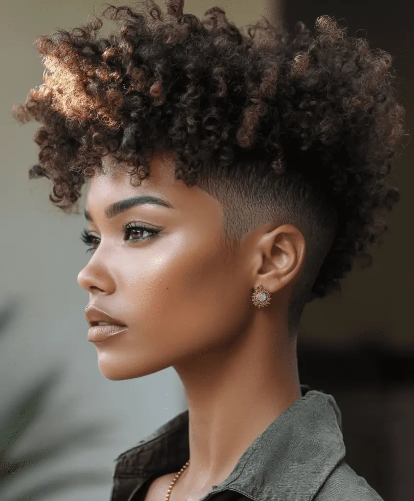 A Black woman with short sides and a strip of defined curls styled upwards in the center