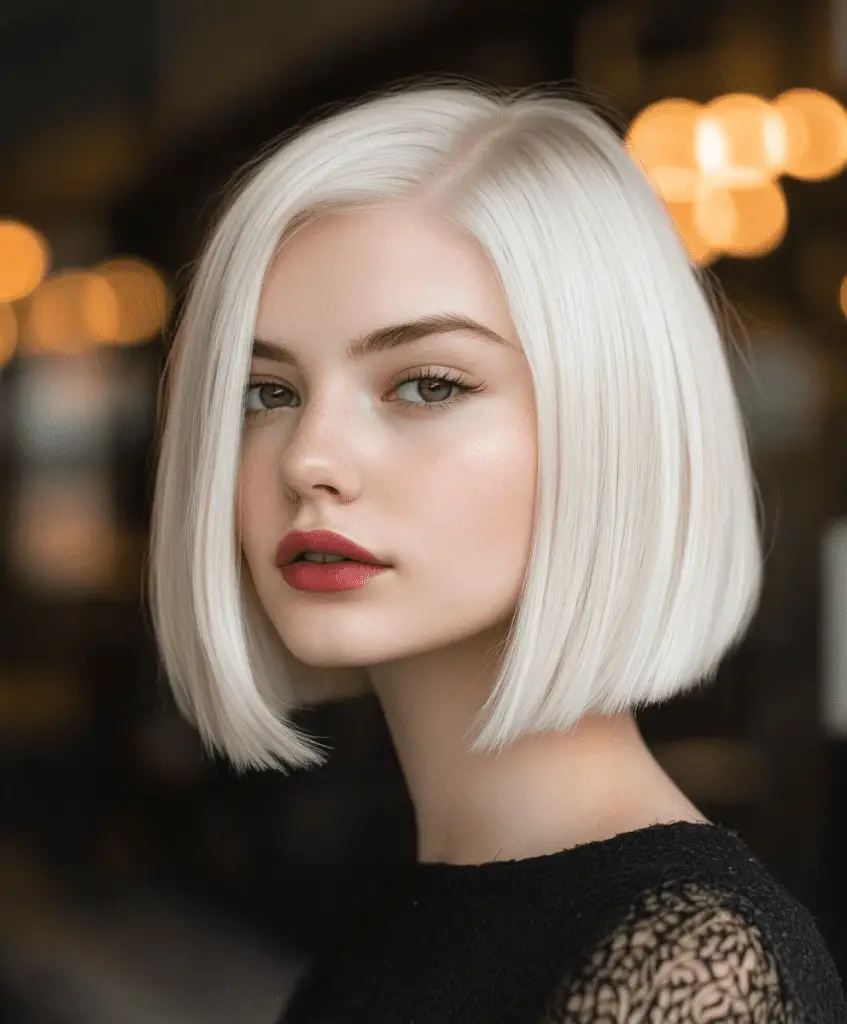 Platinum blonde bob with blunt cut