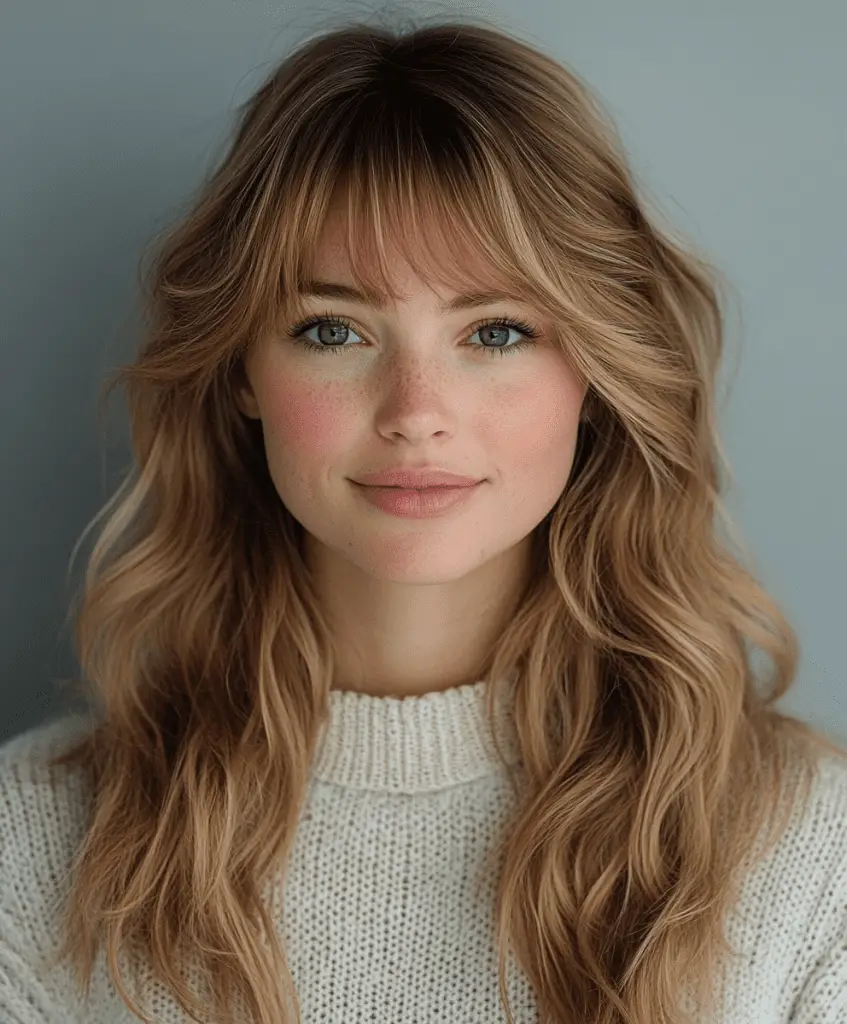 Wavy medium-length hairstyle with curtain bangs