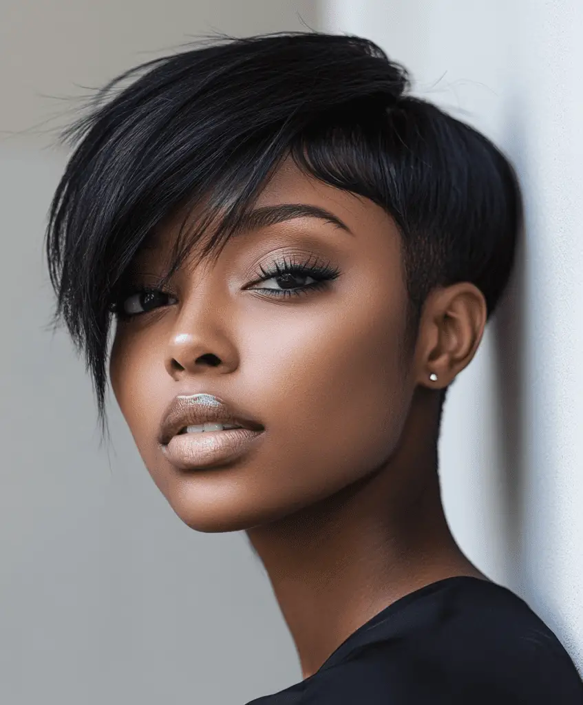 A Black woman with a tapered cut and longer hair on top styled into side-swept bangs