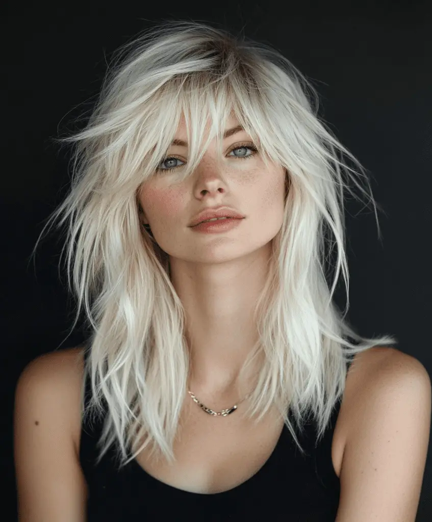 Platinum blonde shag cut with side-swept fringe