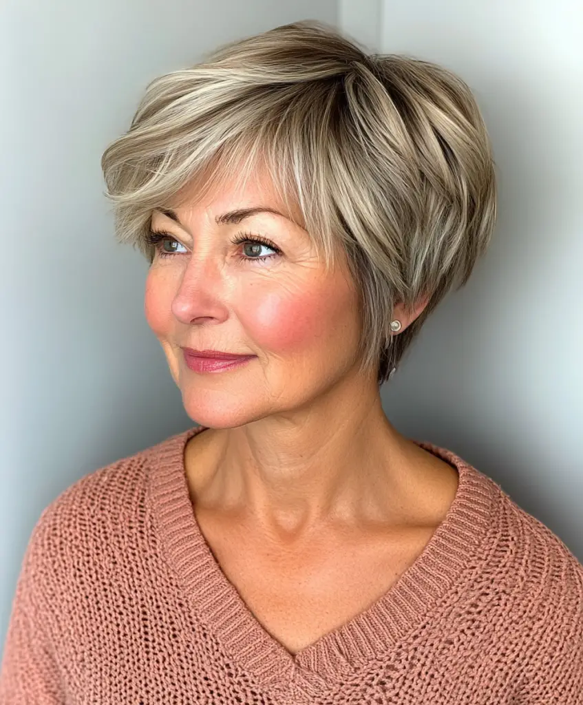 Curly pixie cut with soft bangs for women over 60