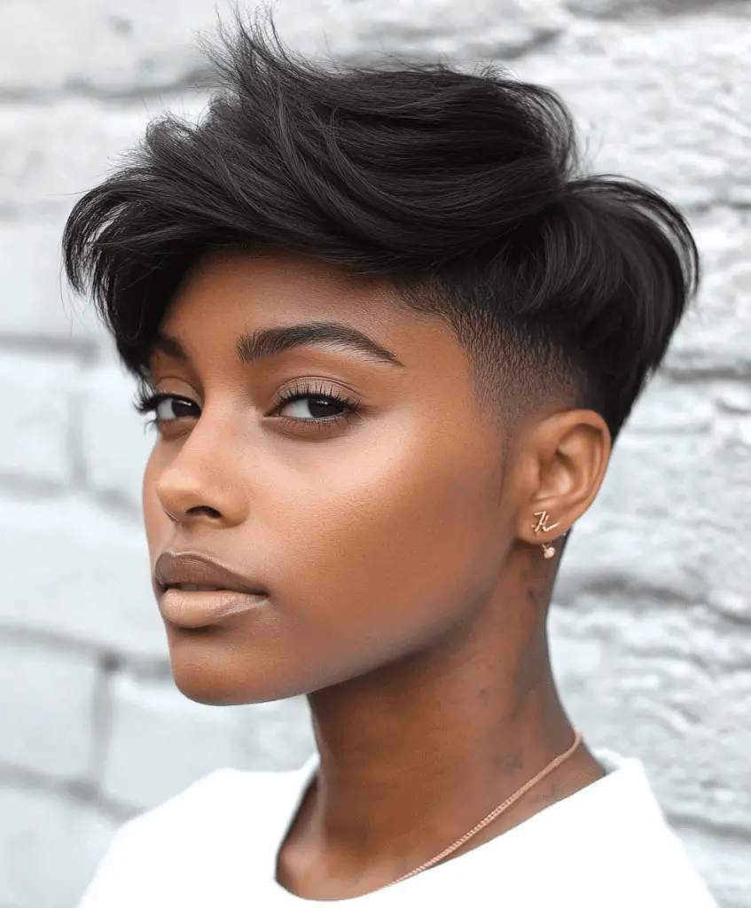 A Black woman with faded sides and longer hair on top brushed upwards and forwards