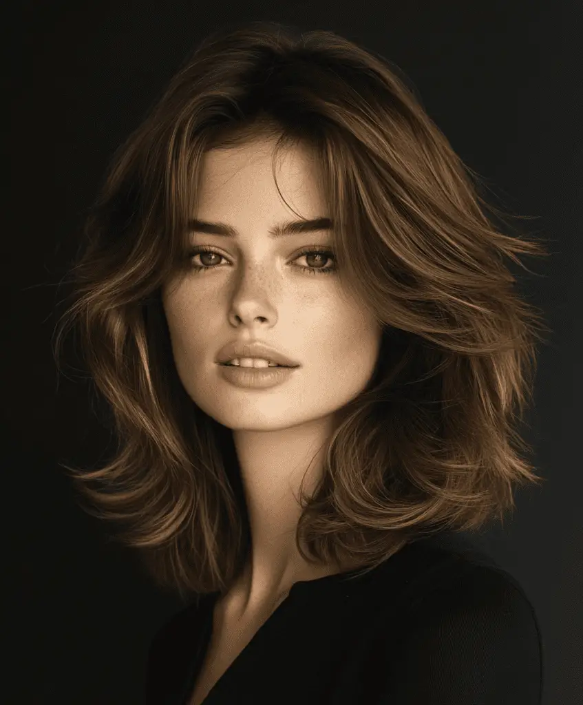 Straight medium-length haircut with feathered bangs