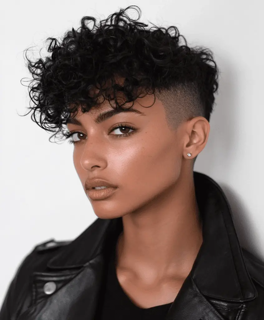 A Black woman with a curly pixie on top and a closely shaved undercut on the sides and back