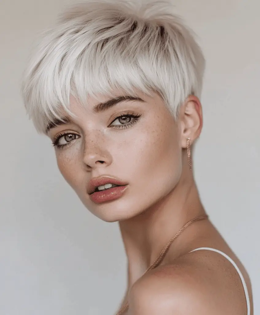 Platinum blonde pixie cut with long fringe