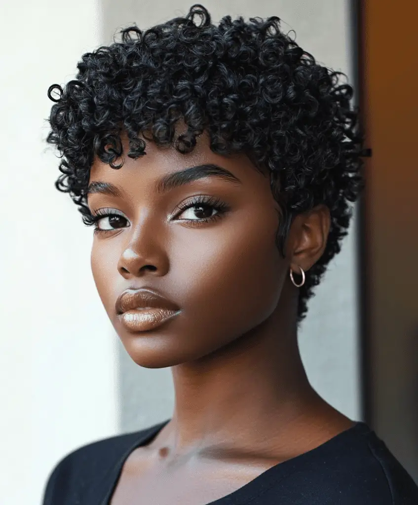 A side view of a Black woman with a very short taper at the nape and longer curls on top