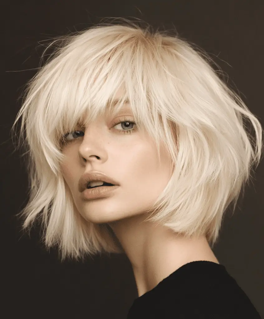 Platinum blonde bob with choppy bangs