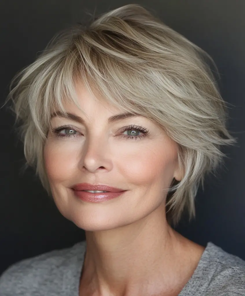 Short cut with feathered layers for older women