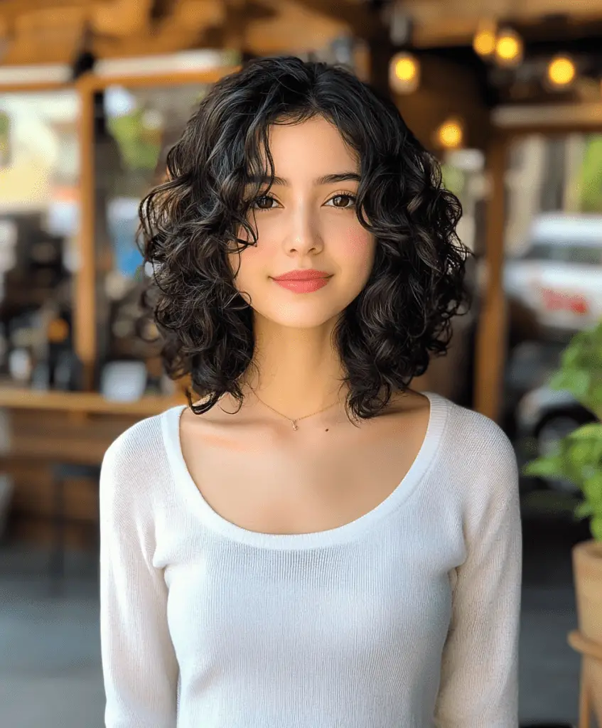 Curly lob hairstyle with curtain bangs